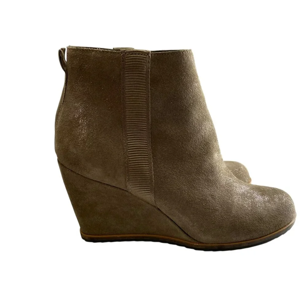Linea‎ Paolo Suede Leather Wedge Ankle Booties Womens 9M Taupe Shimmer Zipper